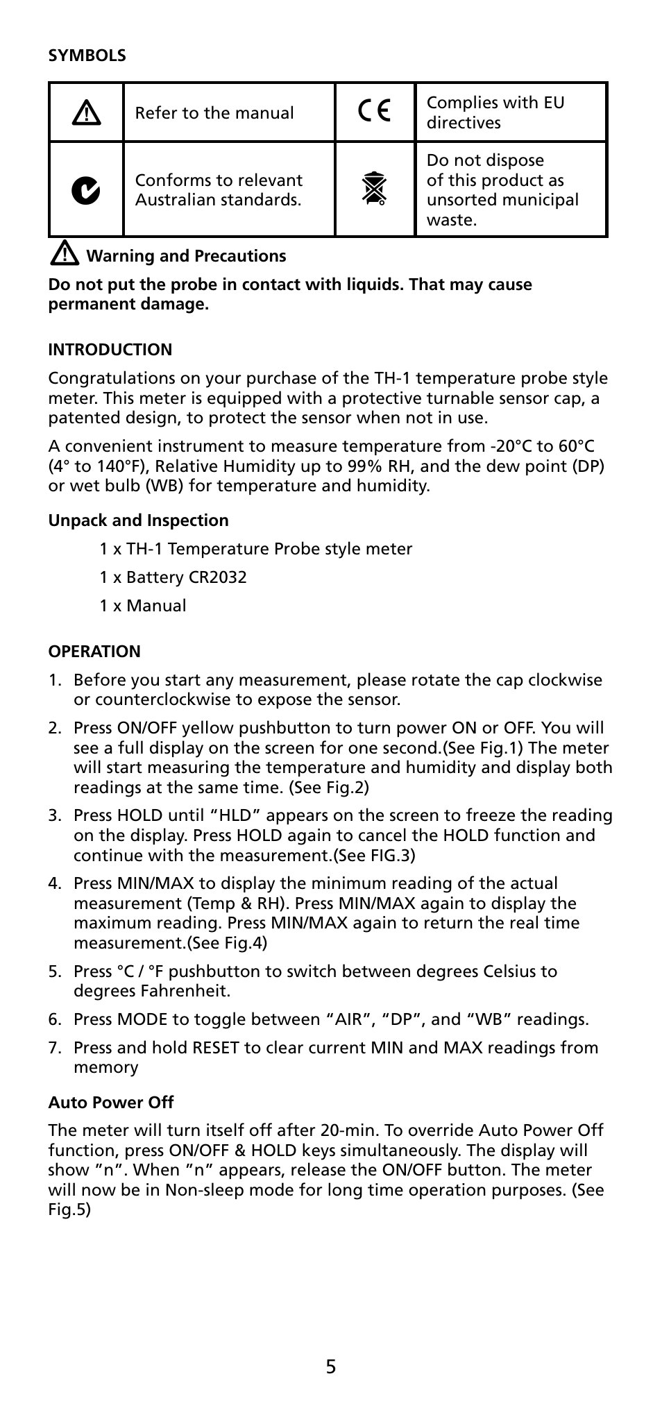 Amprobe TH-1 Relative-Humidity-Temperature-Probe-Style-Meter User Manual | Page 6 / 40