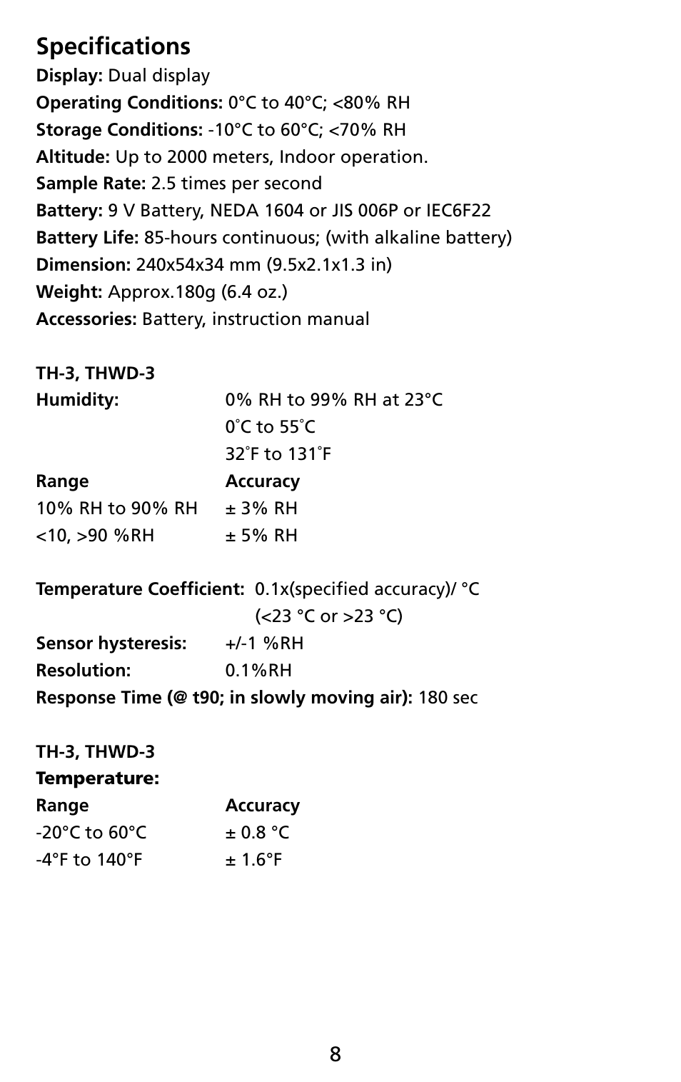 Specifications | Amprobe THWD-3 TH-3 Relative-Humidity-Temperature-Meters User Manual | Page 10 / 63