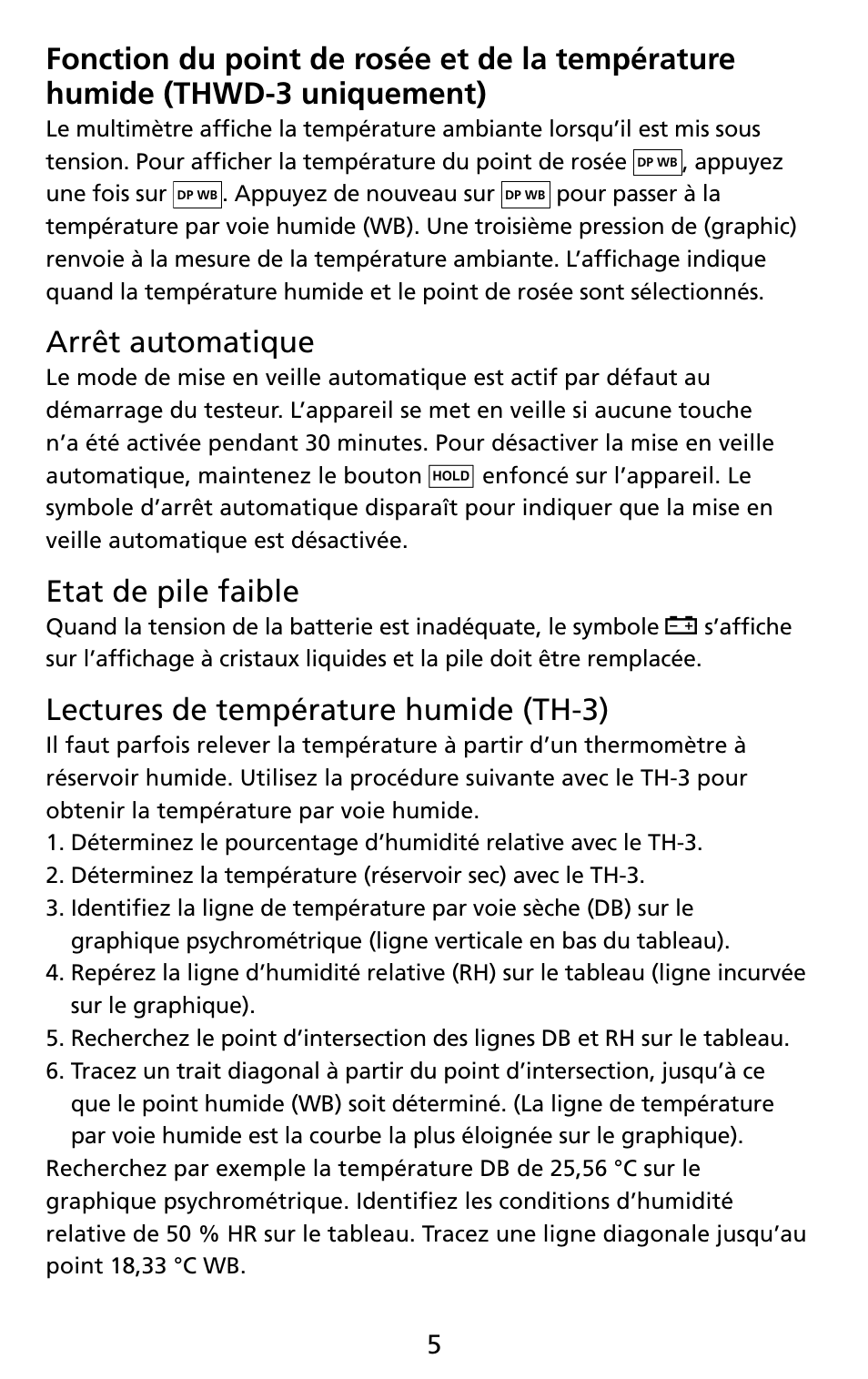 Arrêt automatique, Etat de pile faible, Lectures de température humide (th-3) | Amprobe THWD-3 TH-3 Relative-Humidity-Temperature-Meters User Manual | Page 17 / 63