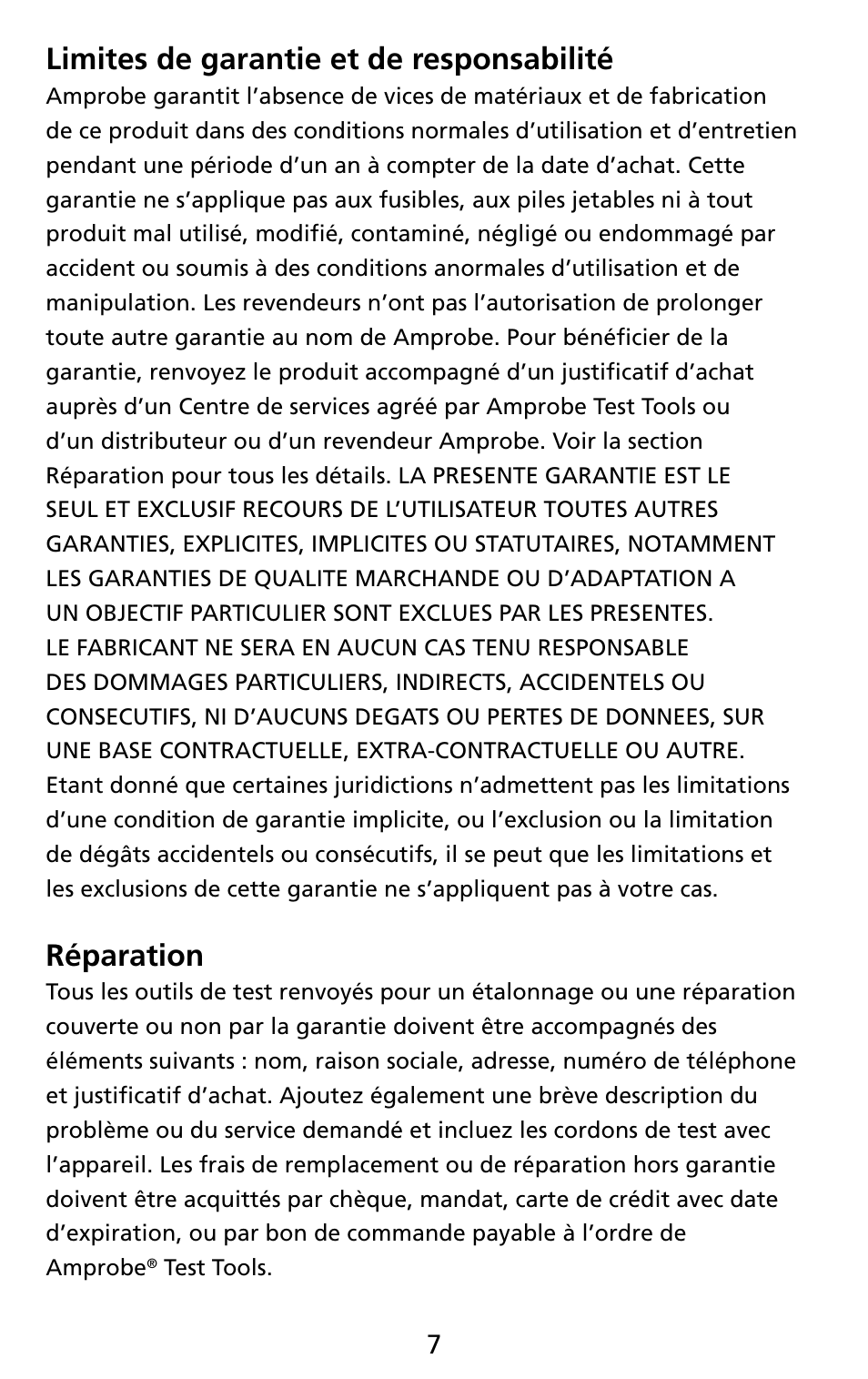 Limites de garantie et de responsabilité, Réparation | Amprobe THWD-3 TH-3 Relative-Humidity-Temperature-Meters User Manual | Page 19 / 63