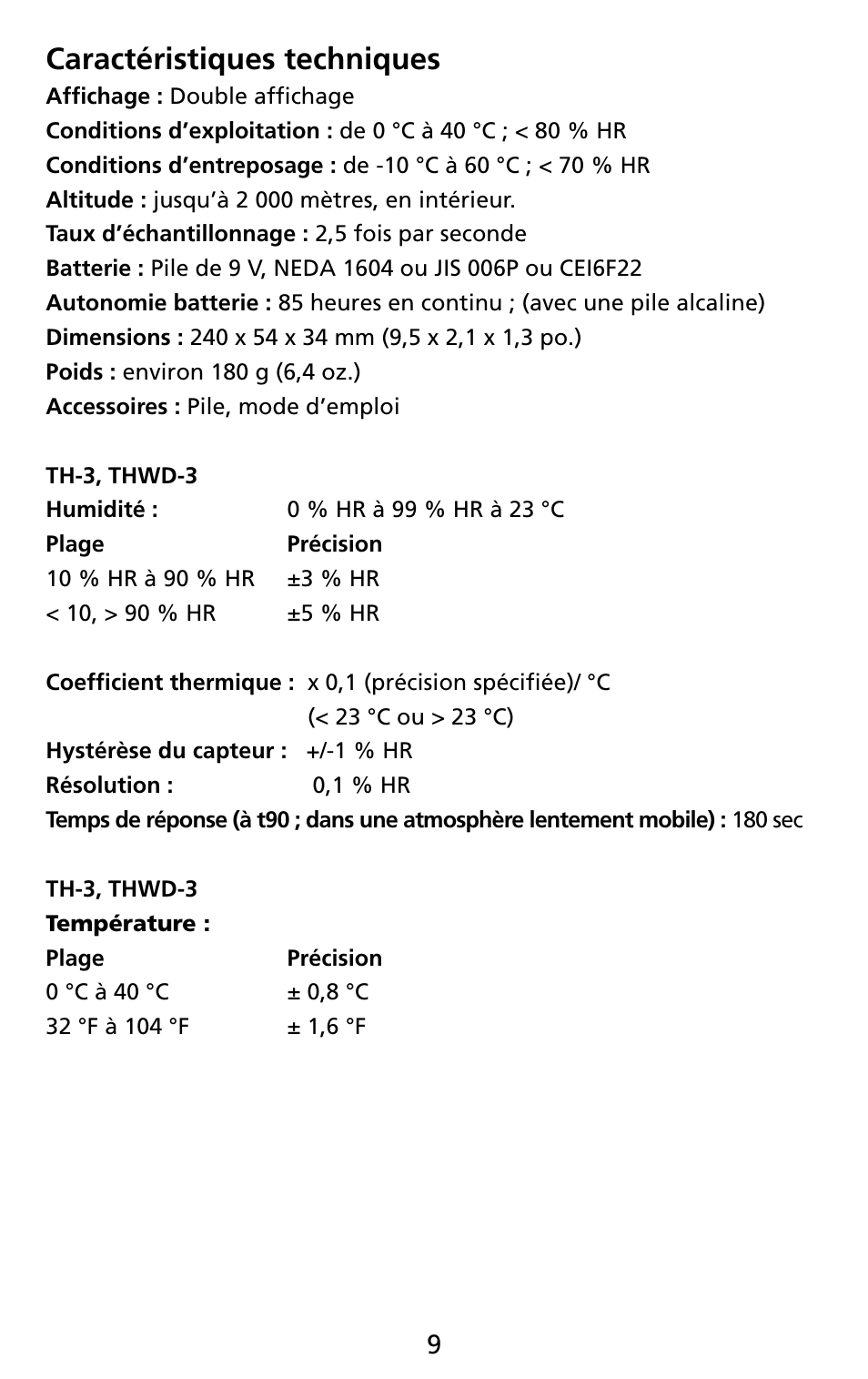 Caractéristiques techniques | Amprobe THWD-3 TH-3 Relative-Humidity-Temperature-Meters User Manual | Page 21 / 63