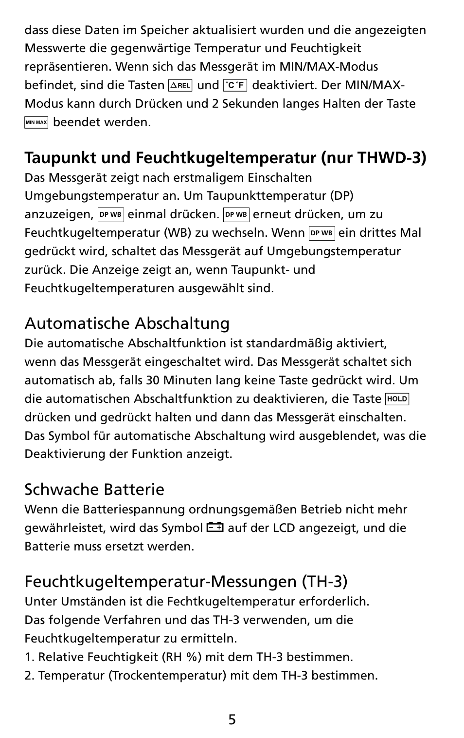 Taupunkt und feuchtkugeltemperatur (nur thwd-3), Automatische abschaltung, Schwache batterie | Feuchtkugeltemperatur-messungen (th-3) | Amprobe THWD-3 TH-3 Relative-Humidity-Temperature-Meters User Manual | Page 27 / 63