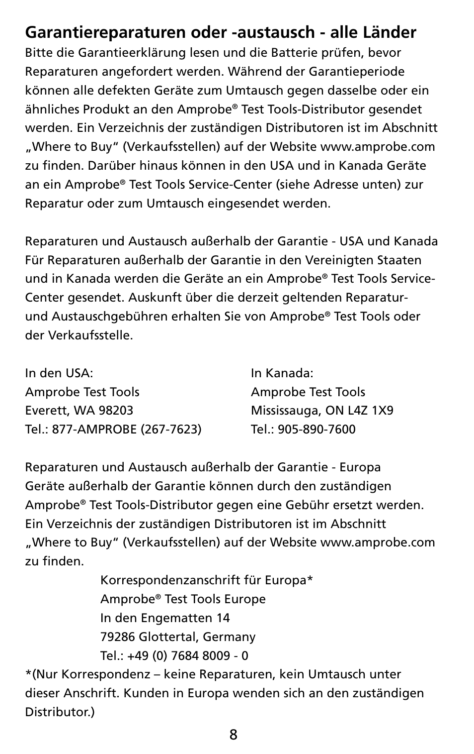 Garantiereparaturen oder -austausch - alle länder | Amprobe THWD-3 TH-3 Relative-Humidity-Temperature-Meters User Manual | Page 30 / 63