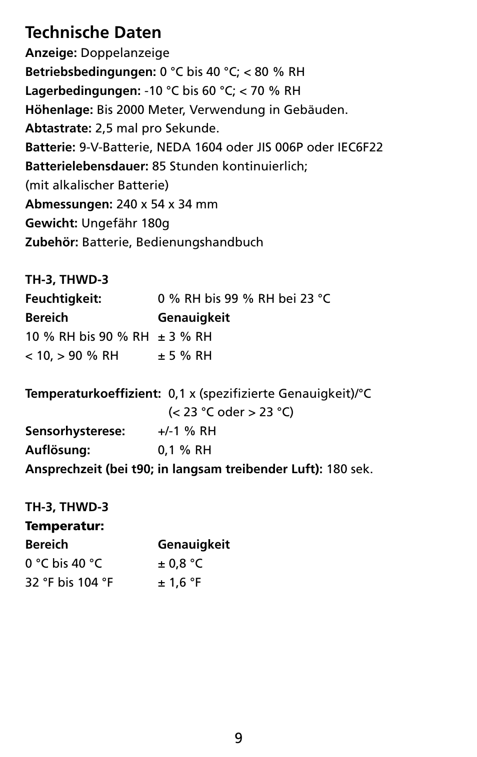 Technische daten | Amprobe THWD-3 TH-3 Relative-Humidity-Temperature-Meters User Manual | Page 31 / 63