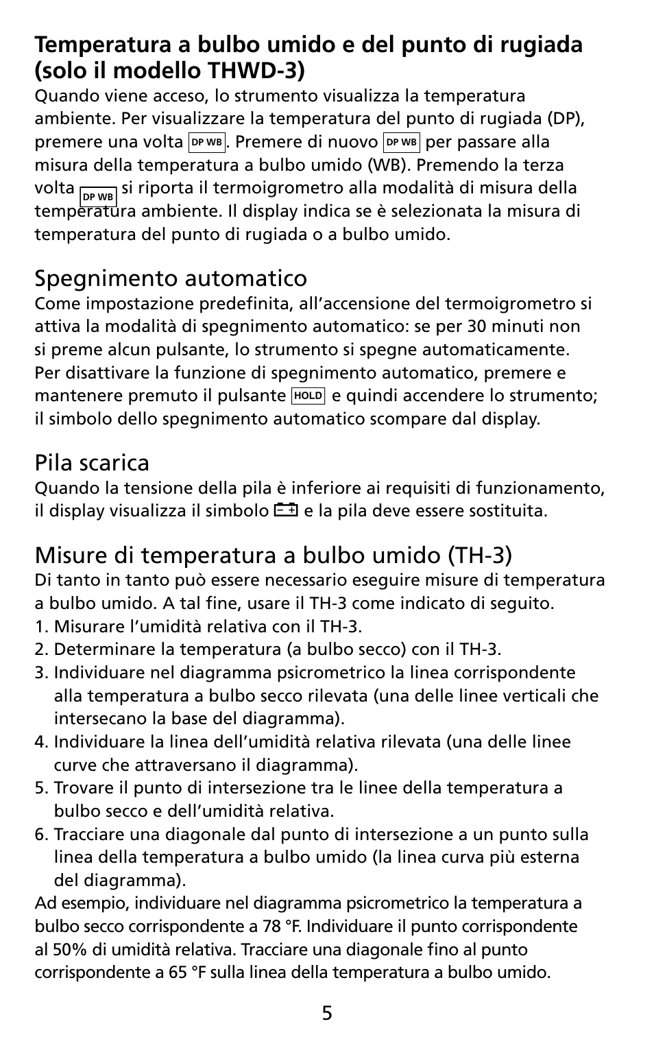 Spegnimento automatico, Pila scarica, Misure di temperatura a bulbo umido (th-3) | Amprobe THWD-3 TH-3 Relative-Humidity-Temperature-Meters User Manual | Page 37 / 63