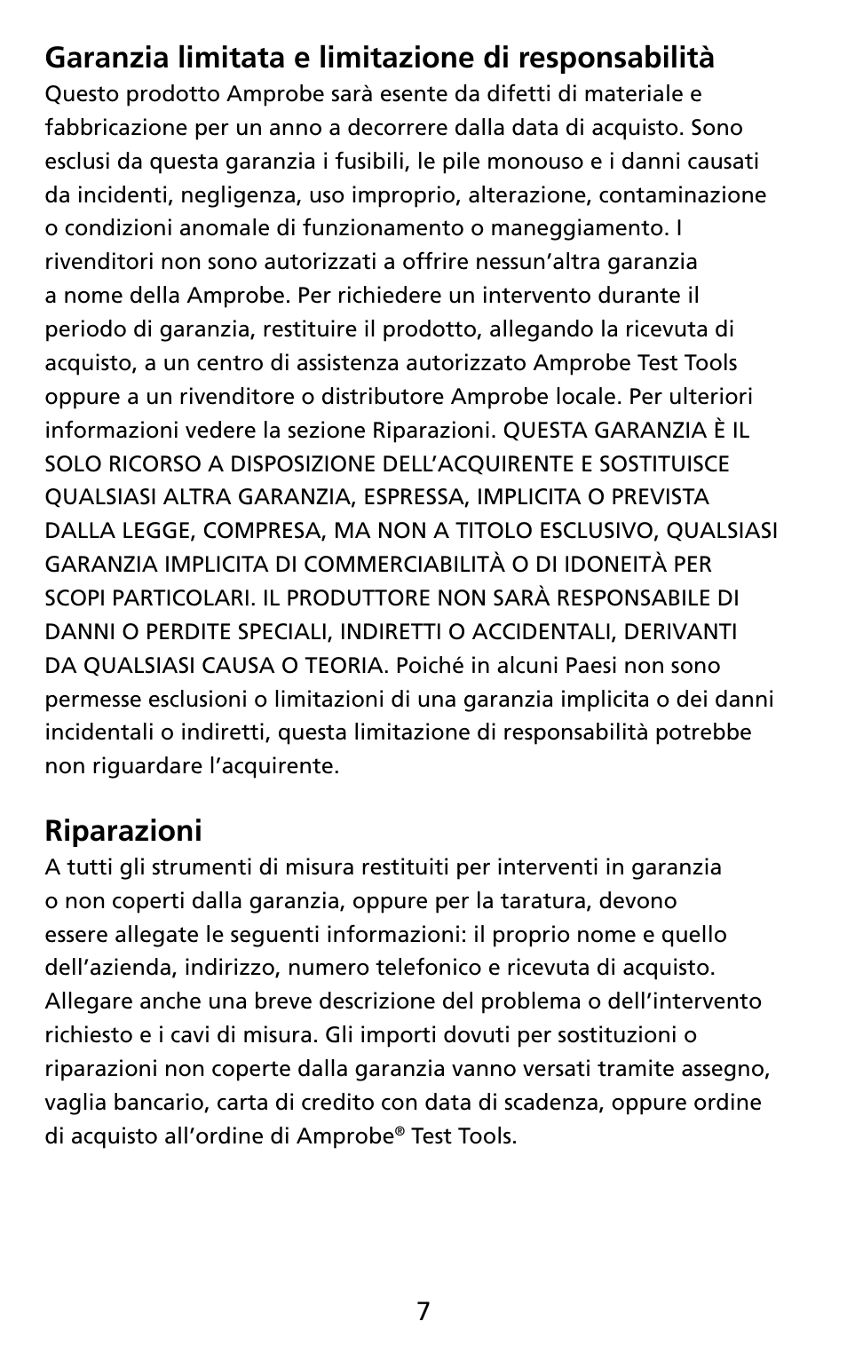 Garanzia limitata e limitazione di responsabilità, Riparazioni | Amprobe THWD-3 TH-3 Relative-Humidity-Temperature-Meters User Manual | Page 39 / 63