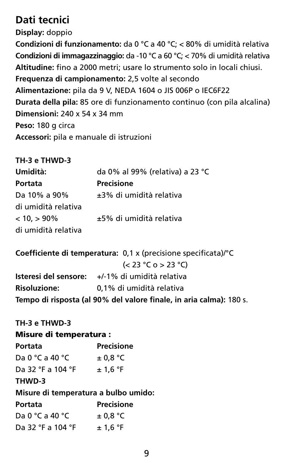 Dati tecnici | Amprobe THWD-3 TH-3 Relative-Humidity-Temperature-Meters User Manual | Page 41 / 63