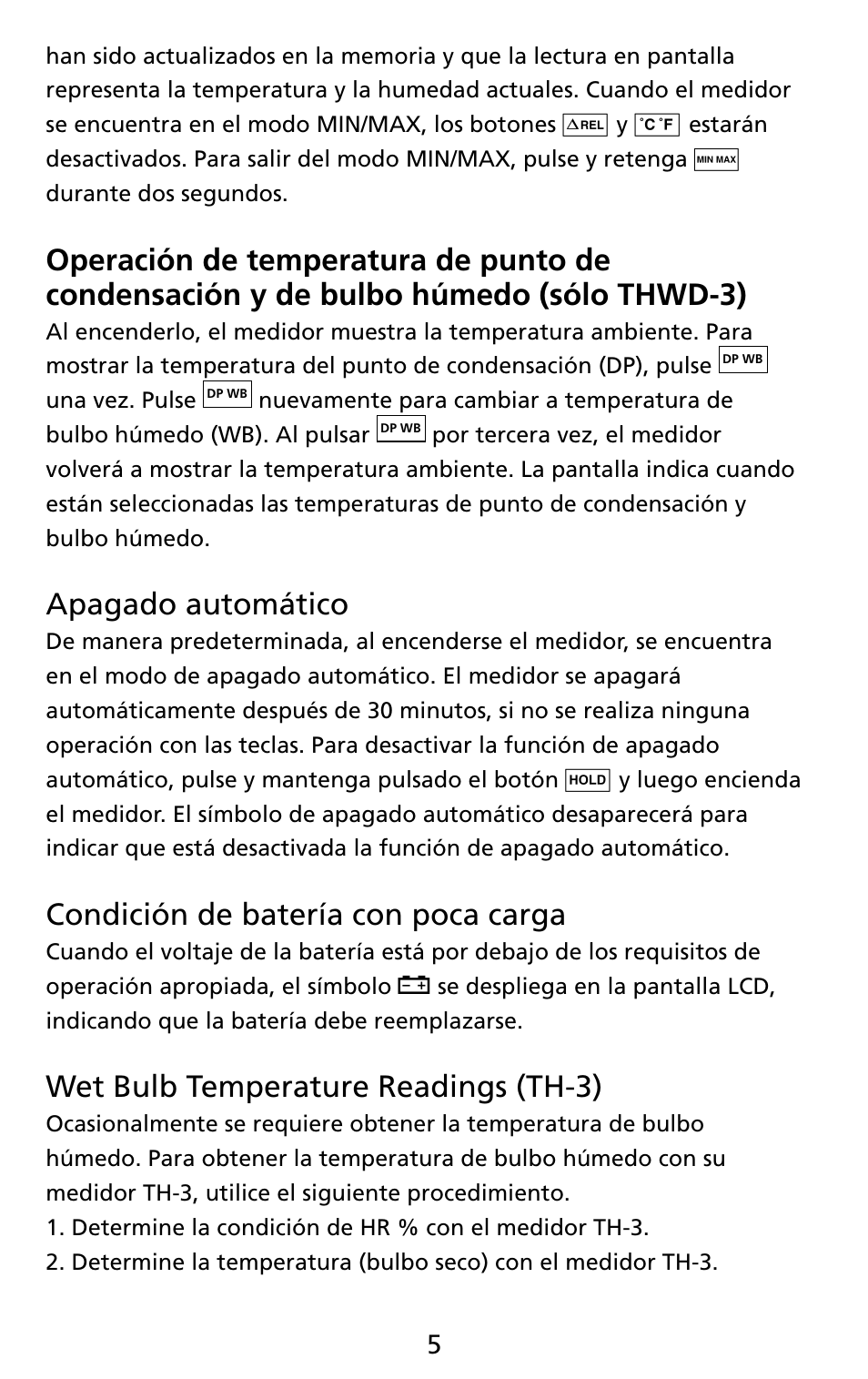 Apagado automático, Condición de batería con poca carga, Wet bulb temperature readings (th-3) | Amprobe THWD-3 TH-3 Relative-Humidity-Temperature-Meters User Manual | Page 47 / 63