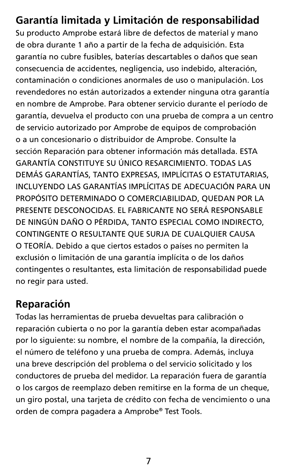 Garantía limitada y limitación de responsabilidad, Reparación | Amprobe THWD-3 TH-3 Relative-Humidity-Temperature-Meters User Manual | Page 49 / 63