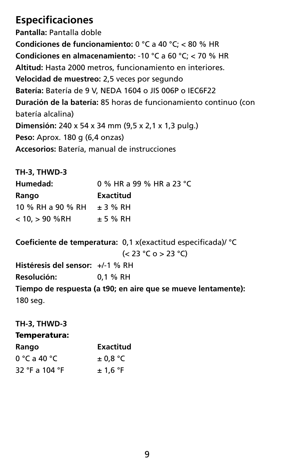 Especificaciones | Amprobe THWD-3 TH-3 Relative-Humidity-Temperature-Meters User Manual | Page 51 / 63