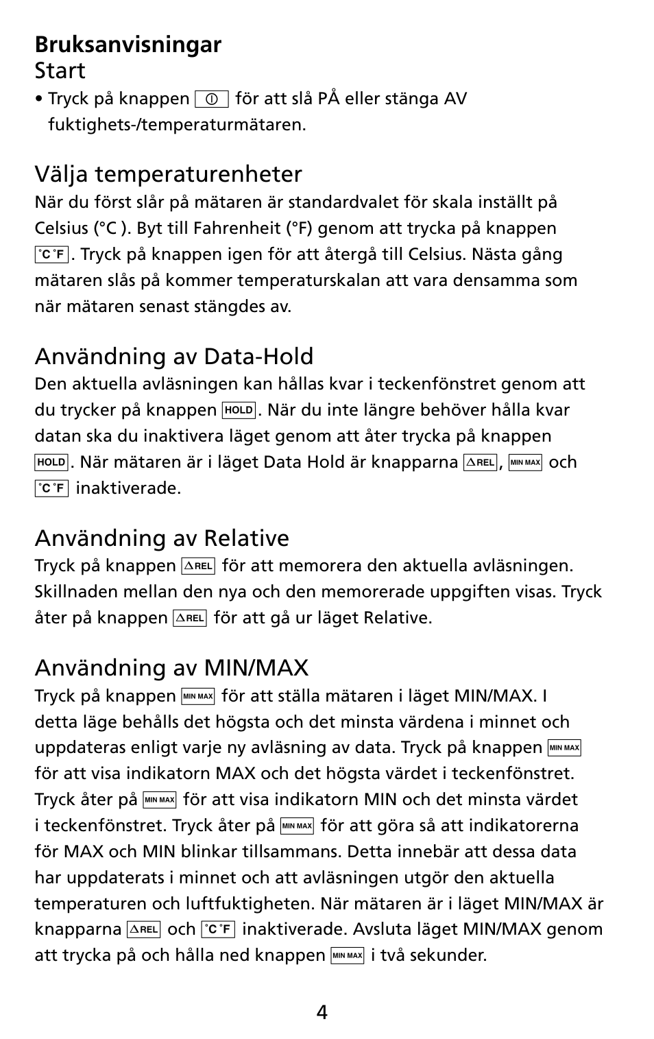 Bruksanvisningar start, Välja temperaturenheter, Användning av data-hold | Användning av relative, Användning av min/max | Amprobe THWD-3 TH-3 Relative-Humidity-Temperature-Meters User Manual | Page 56 / 63