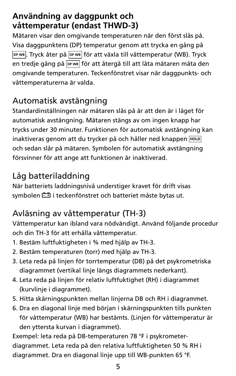 Automatisk avstängning, Låg batteriladdning, Avläsning av våttemperatur (th-3) | Amprobe THWD-3 TH-3 Relative-Humidity-Temperature-Meters User Manual | Page 57 / 63