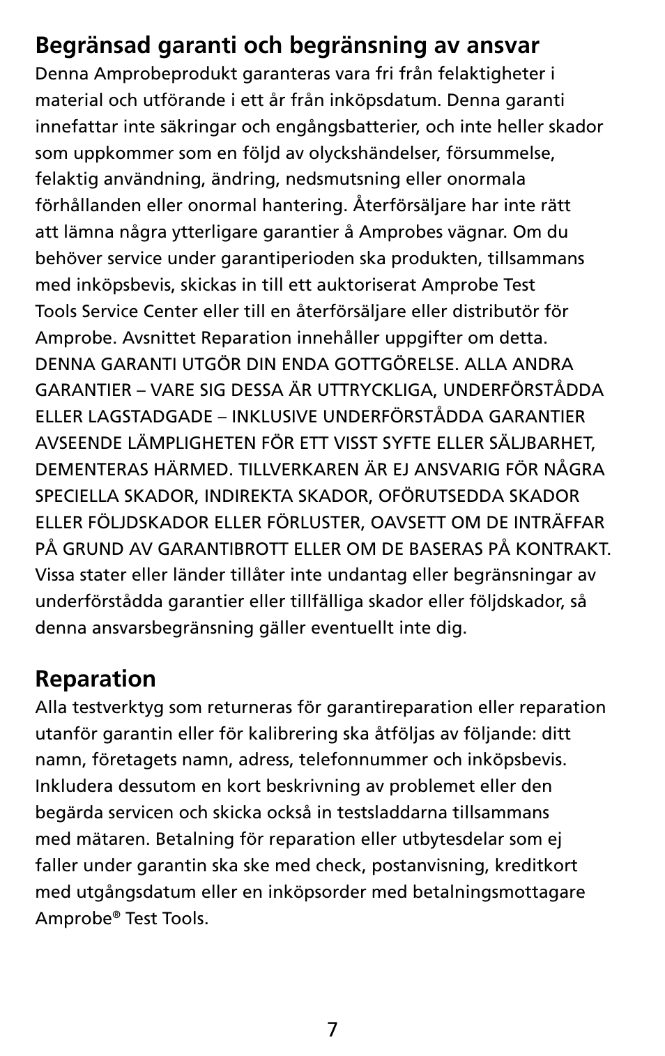 Begränsad garanti och begränsning av ansvar, Reparation | Amprobe THWD-3 TH-3 Relative-Humidity-Temperature-Meters User Manual | Page 59 / 63