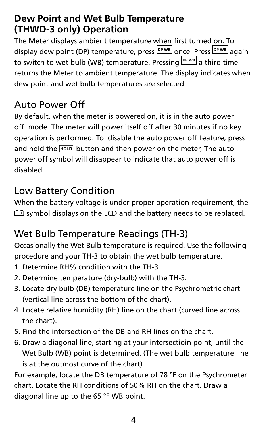Auto power off, Low battery condition, Wet bulb temperature readings (th-3) | Amprobe THWD-3 TH-3 Relative-Humidity-Temperature-Meters User Manual | Page 6 / 63