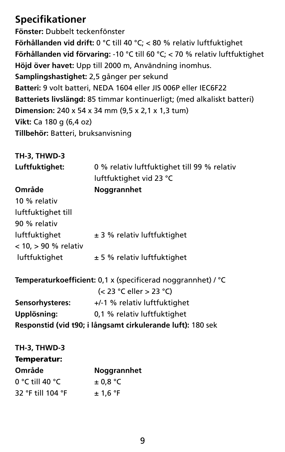 Specifikationer | Amprobe THWD-3 TH-3 Relative-Humidity-Temperature-Meters User Manual | Page 61 / 63