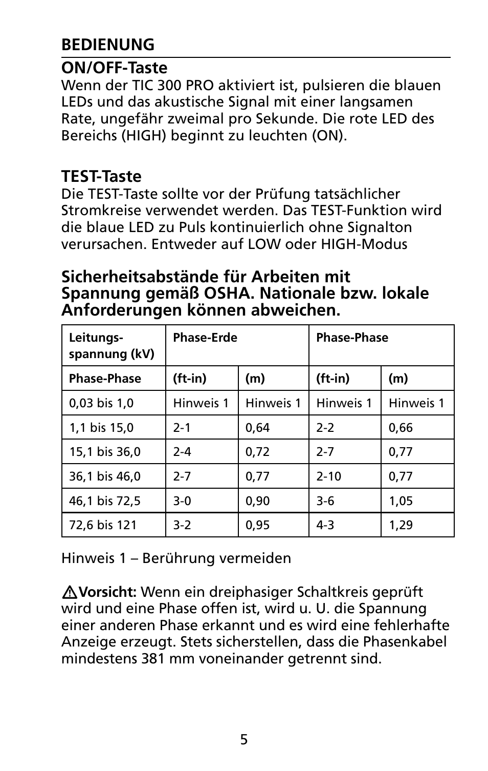 Bedienung on/off-taste, Test-taste | Amprobe TIC-300-PRO Non-Contact-Voltage-Detector User Manual | Page 47 / 92
