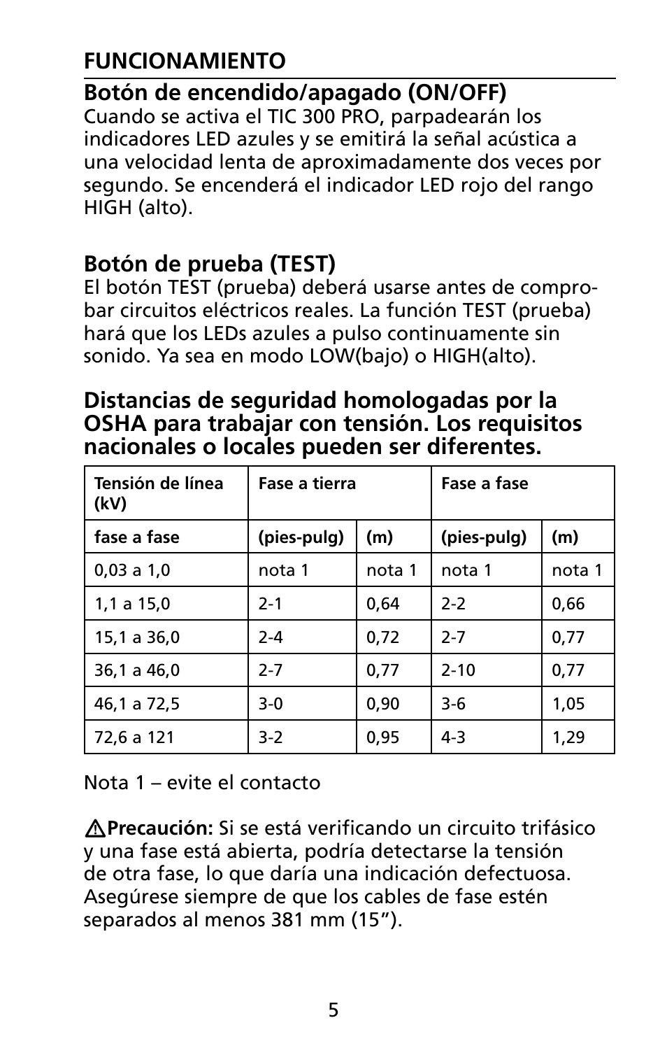 Funcionamiento botón de encendido/apagado (on/off), Botón de prueba (test) | Amprobe TIC-300-PRO Non-Contact-Voltage-Detector User Manual | Page 83 / 92