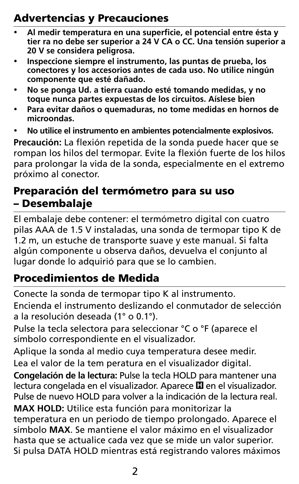 2advertencias y precauciones, Procedimientos de medida | Amprobe TM45A Digital-Thermometer User Manual | Page 22 / 35