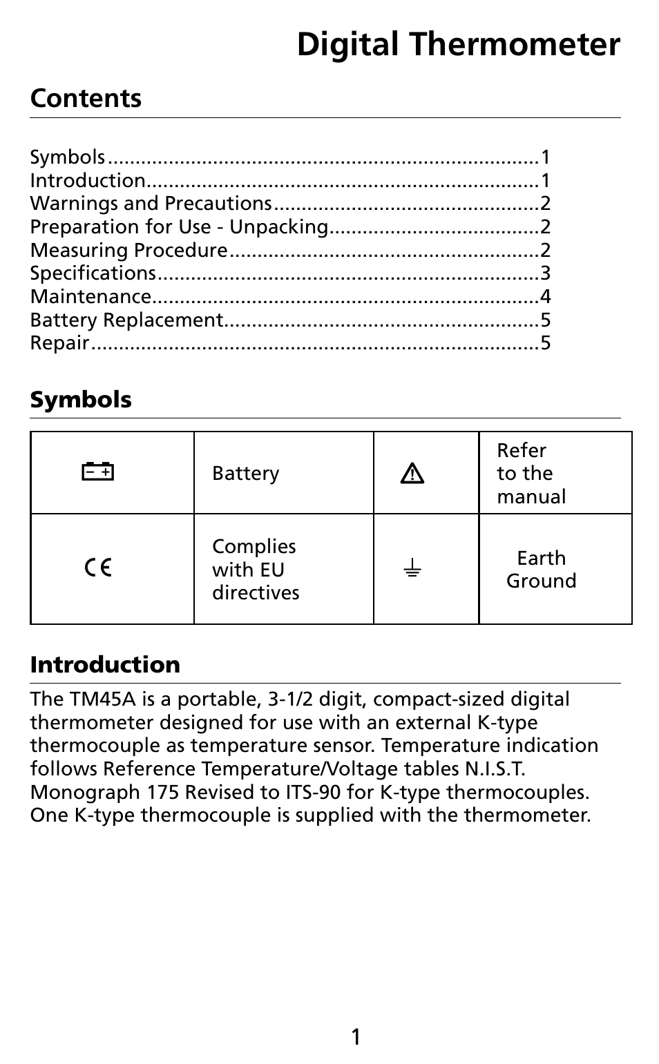 Amprobe TM45A Digital-Thermometer User Manual | Page 5 / 35
