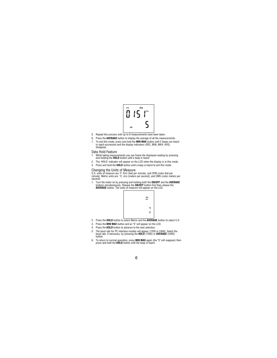 Data hold feature, Changing the units of measure | Amprobe TMA10A Anemometer User Manual | Page 11 / 63
