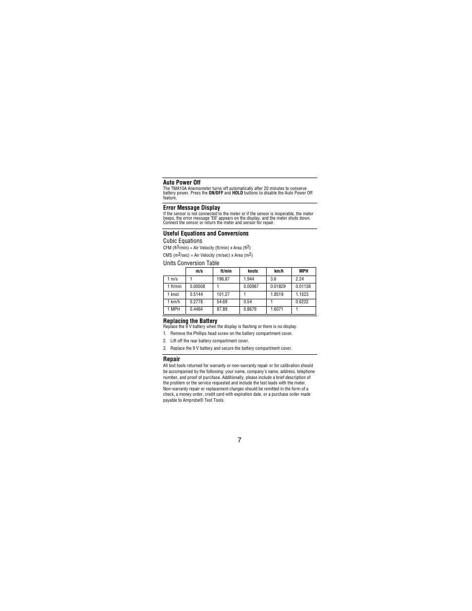 Auto power off, Error message display, Useful equations and conversions cubic equations | Units conversion table, Replacing the battery, Repair | Amprobe TMA10A Anemometer User Manual | Page 12 / 63