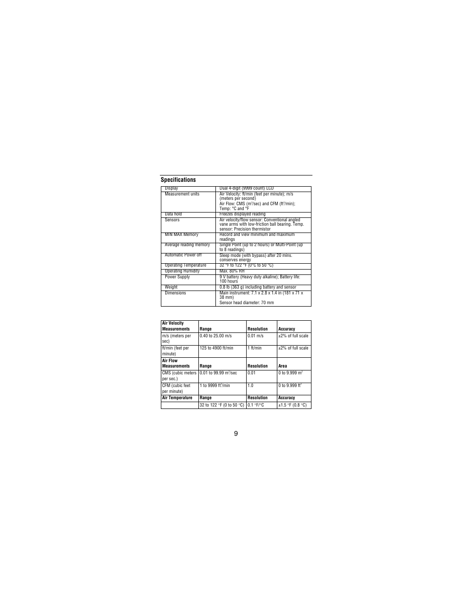 Specifications | Amprobe TMA10A Anemometer User Manual | Page 14 / 63