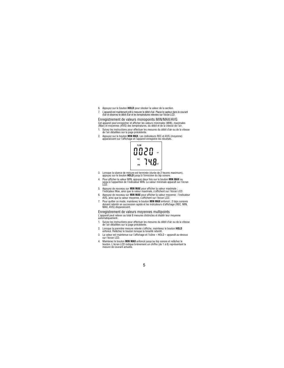 Enregistrement de valeurs monopoints min/max/avg, Enregistrement de valeurs moyennes multipoints | Amprobe TMA10A Anemometer User Manual | Page 22 / 63