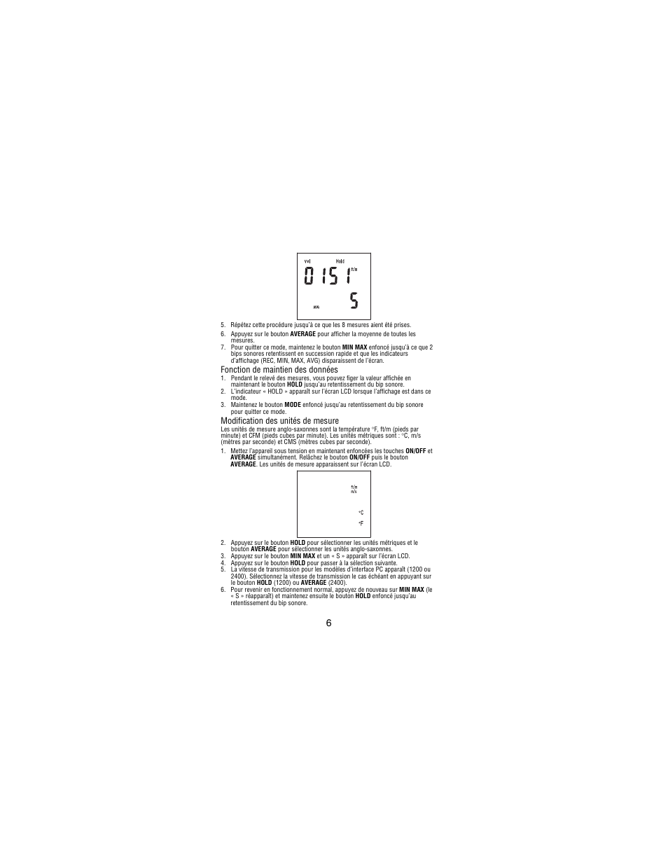 Fonction de maintien des données, Modification des unités de mesure | Amprobe TMA10A Anemometer User Manual | Page 23 / 63