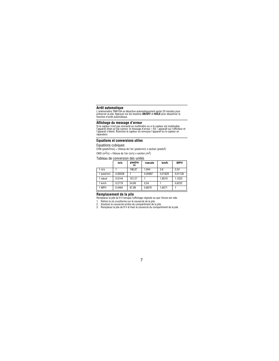 Arrêt automatique, Affichage du message d’erreur, Equations et conversions utiles equations cubiques | Tableau de conversion des unités, Remplacement de la pile | Amprobe TMA10A Anemometer User Manual | Page 24 / 63