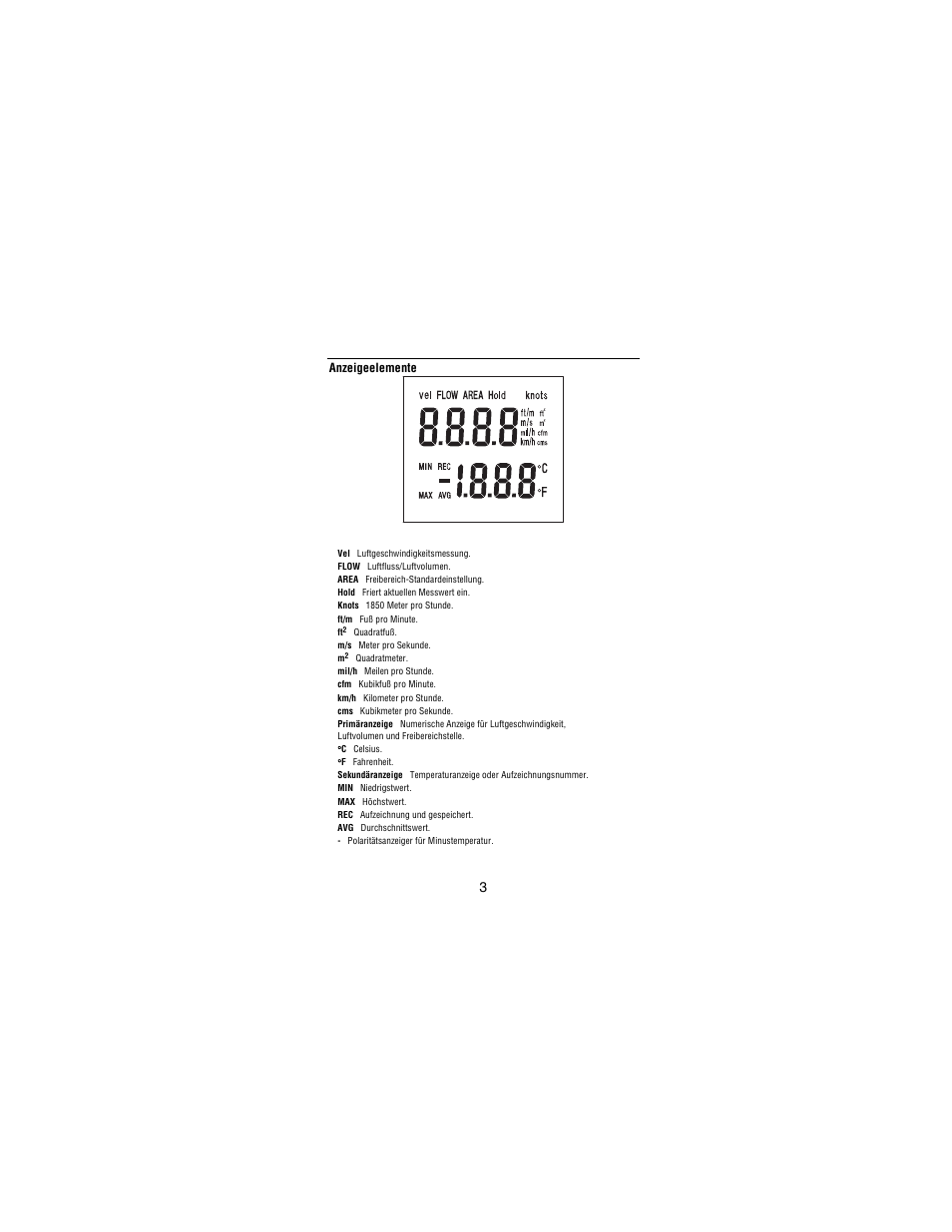 Anzeigeelemente | Amprobe TMA10A Anemometer User Manual | Page 32 / 63