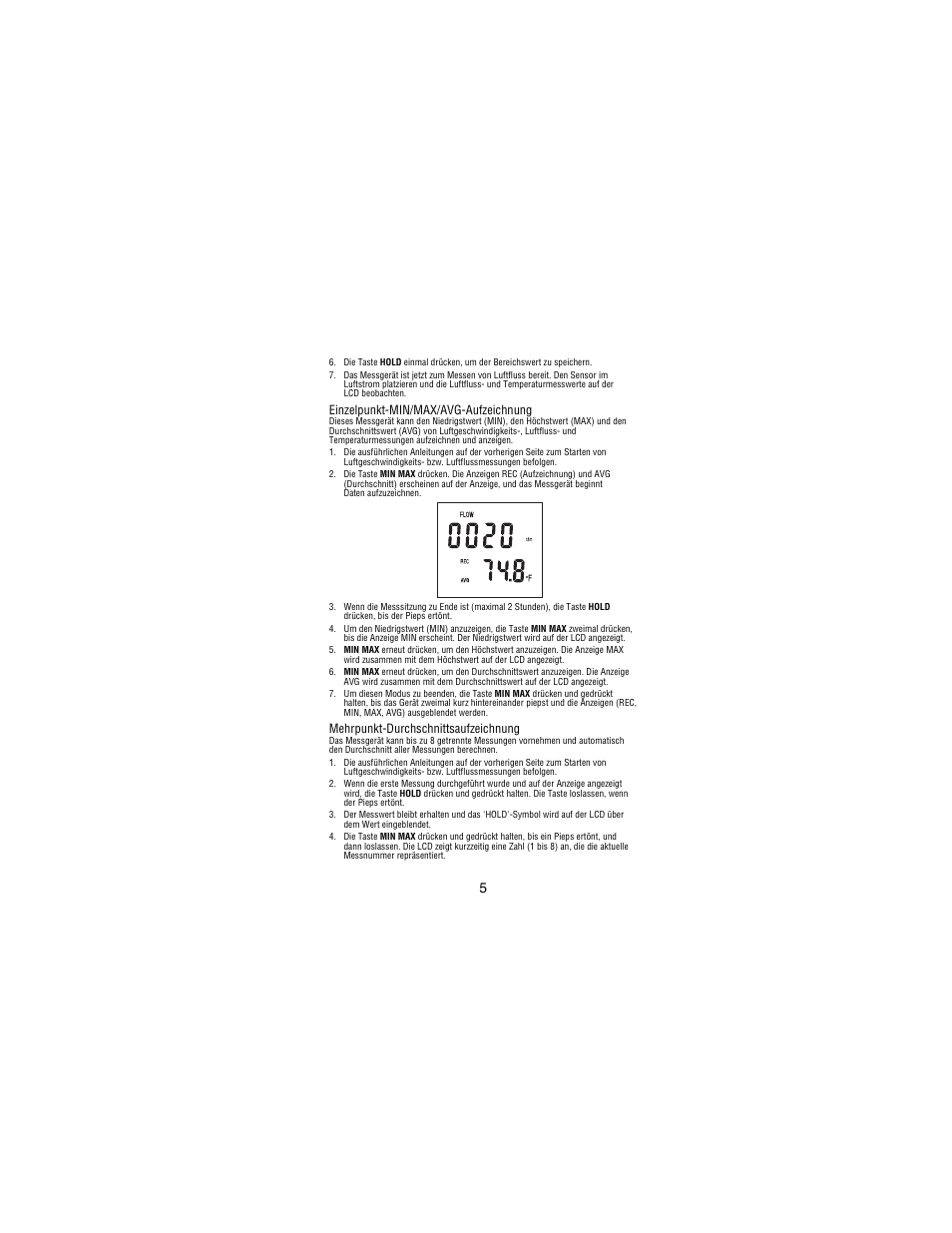 Einzelpunkt-min/max/avg-aufzeichnung, Mehrpunkt-durchschnittsaufzeichnung | Amprobe TMA10A Anemometer User Manual | Page 34 / 63