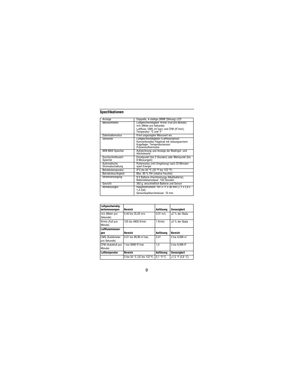 Spezifikationen | Amprobe TMA10A Anemometer User Manual | Page 38 / 63