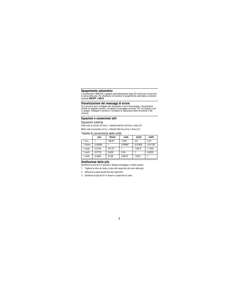 Spegnimento automatico, Visualizzazione dei messaggi di errore, Equazioni e conversioni utili equazioni cubiche | Tabella di conversione delle unità, Sostituzione della pila | Amprobe TMA10A Anemometer User Manual | Page 48 / 63