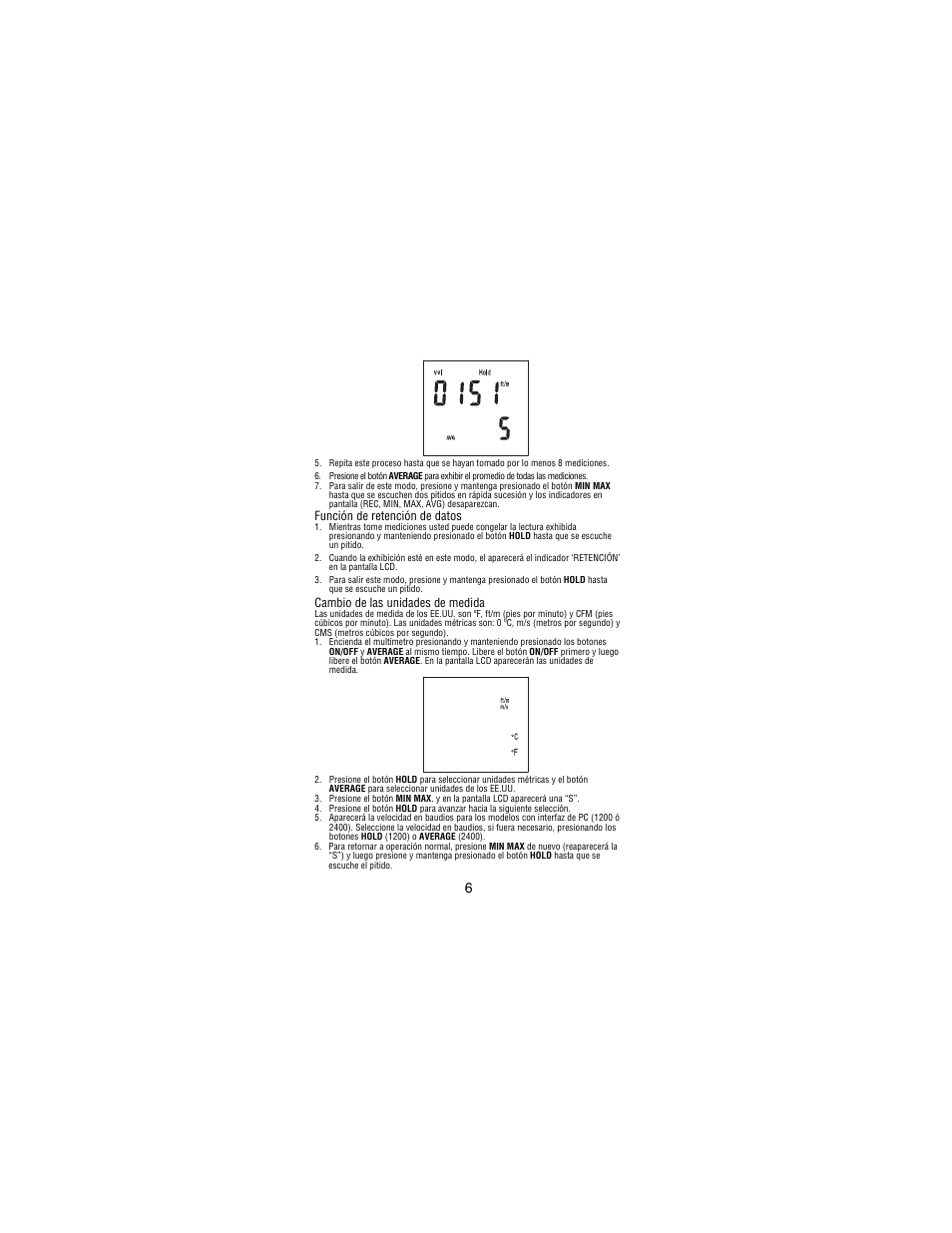 Función de retención de datos, Cambio de las unidades de medida | Amprobe TMA10A Anemometer User Manual | Page 59 / 63