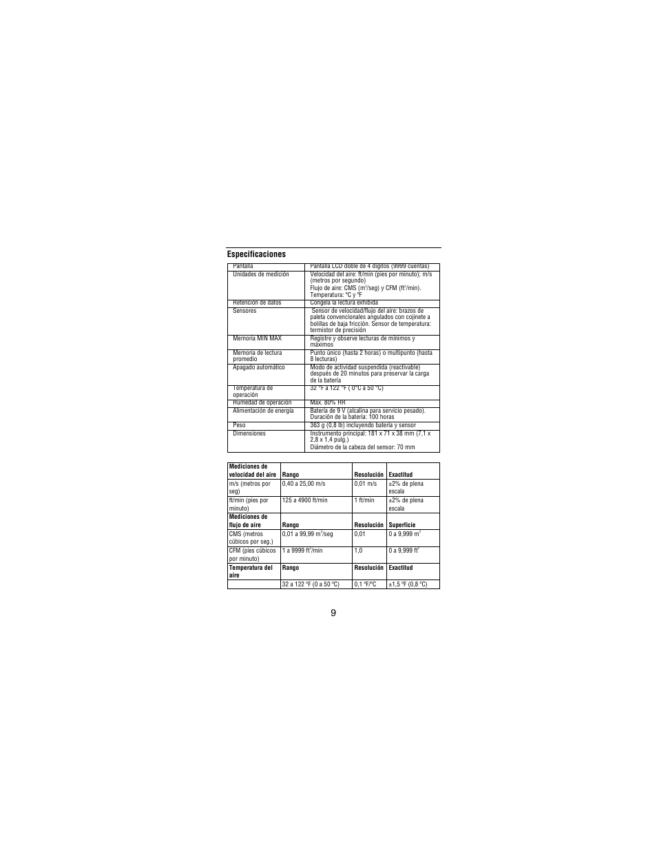 Especificaciones | Amprobe TMA10A Anemometer User Manual | Page 62 / 63