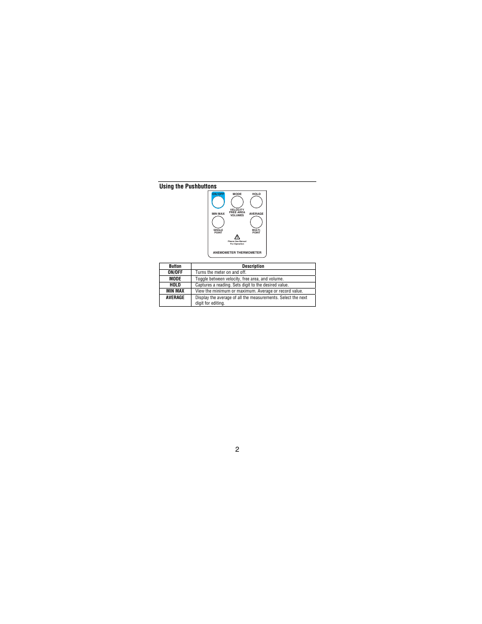 Using the pushbuttons | Amprobe TMA10A Anemometer User Manual | Page 7 / 63