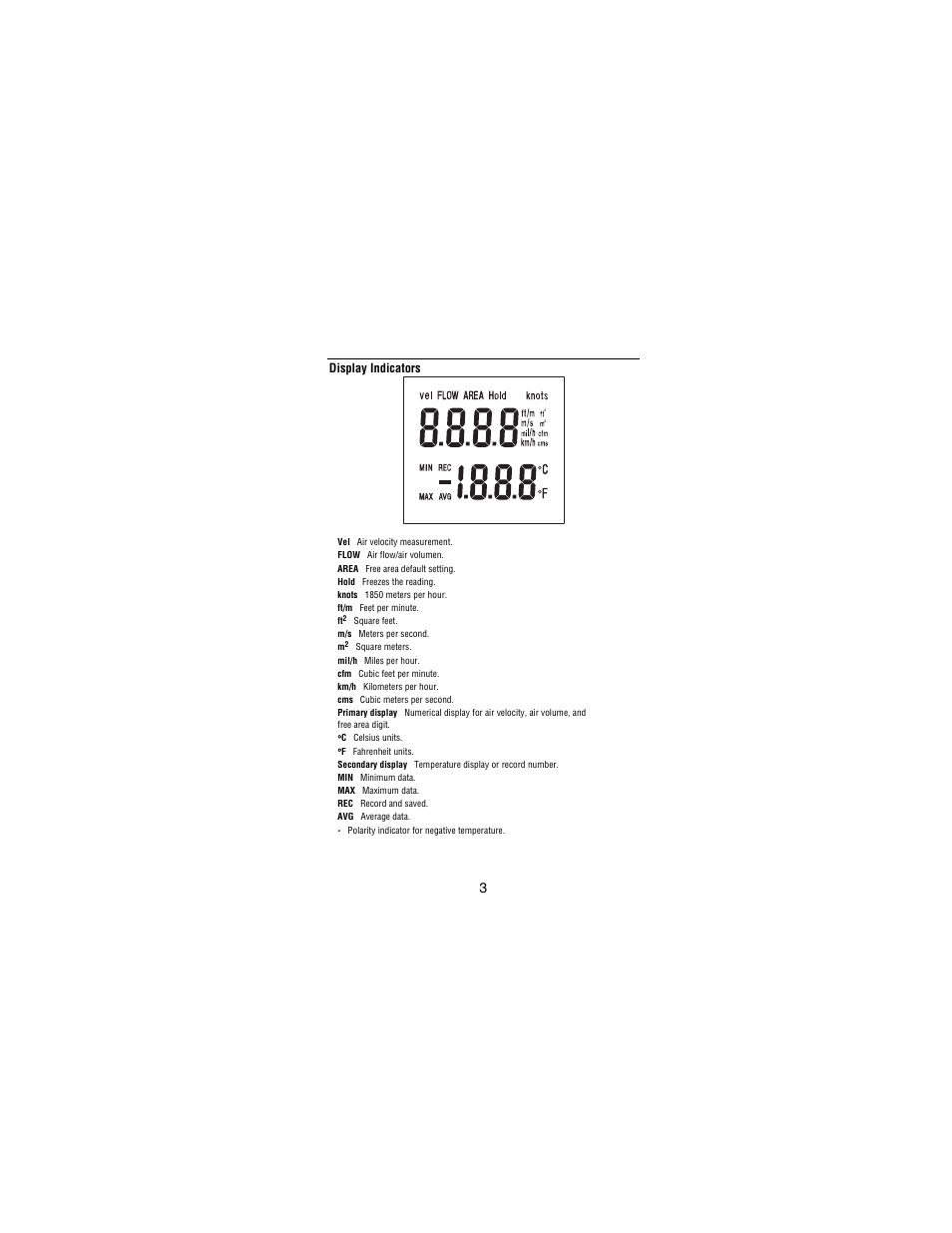 Display indicators | Amprobe TMA10A Anemometer User Manual | Page 8 / 63