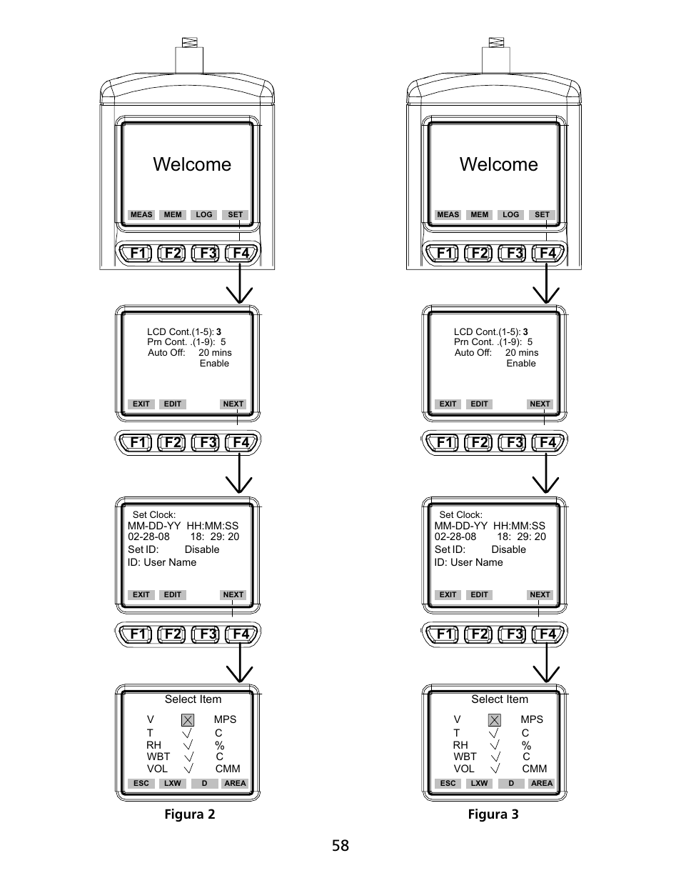 Welcome, F1 f2 f3 f4, Figura 2 figura 3 | Amprobe TMA40 Airflow-Anemometer User Manual | Page 59 / 74