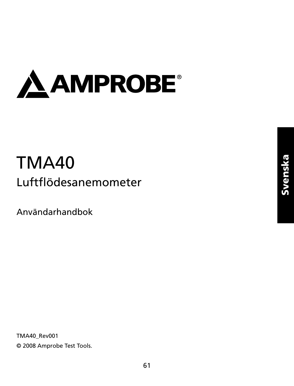 Tma40, Luftflödesanemometer | Amprobe TMA40 Airflow-Anemometer User Manual | Page 62 / 74