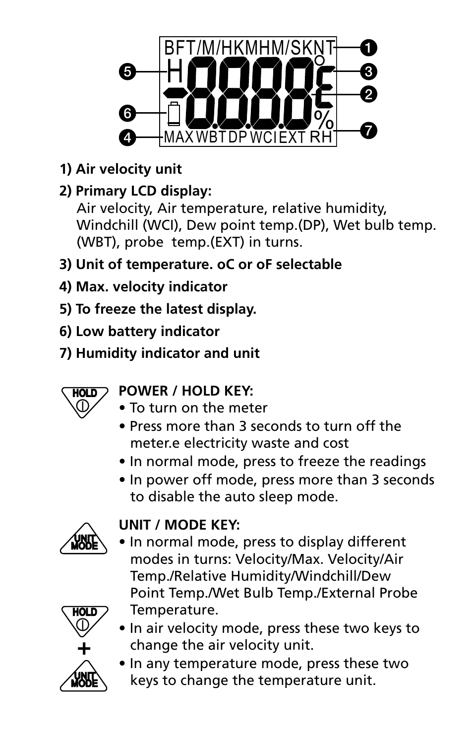 Bft/m/hkmhm/sknt | Amprobe TMA5 Mini-Vane-Anemometer User Manual | Page 7 / 72