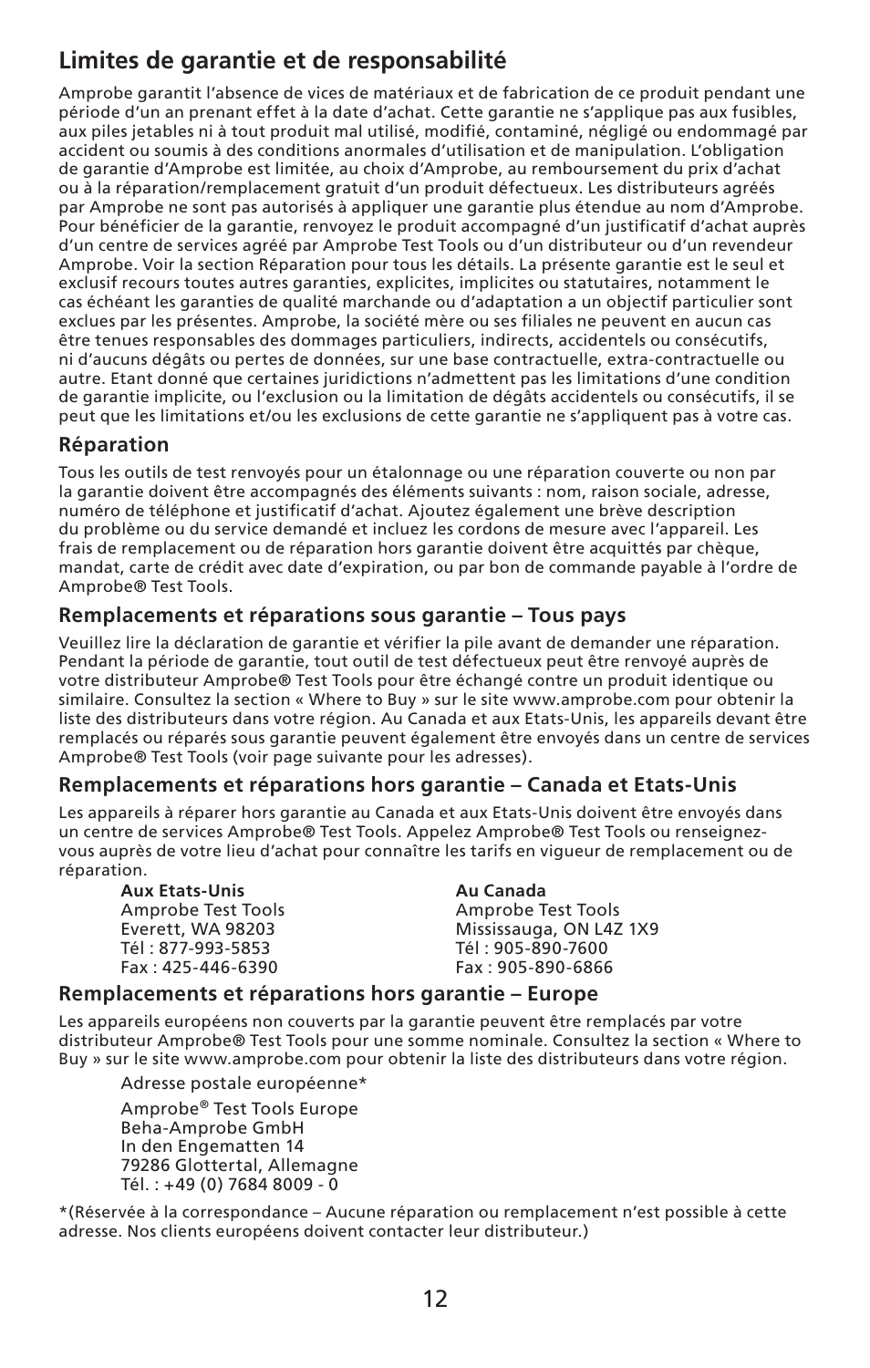 12 limites de garantie et de responsabilité | Amprobe TMD-10 Dual-Temperature-Meter User Manual | Page 13 / 62