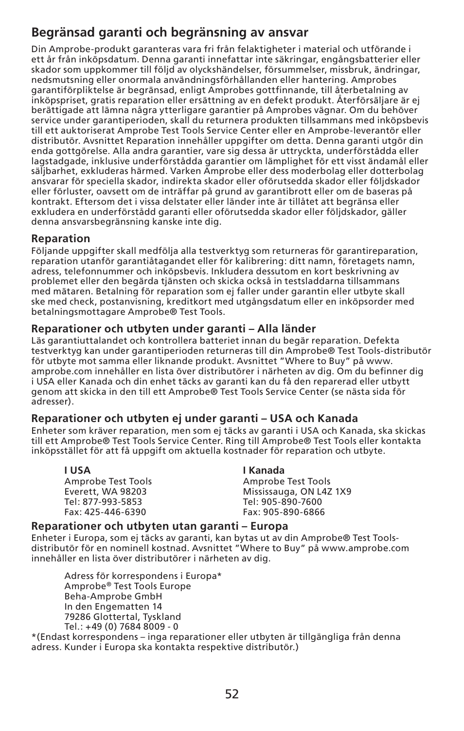 52 begränsad garanti och begränsning av ansvar | Amprobe TMD-10 Dual-Temperature-Meter User Manual | Page 53 / 62