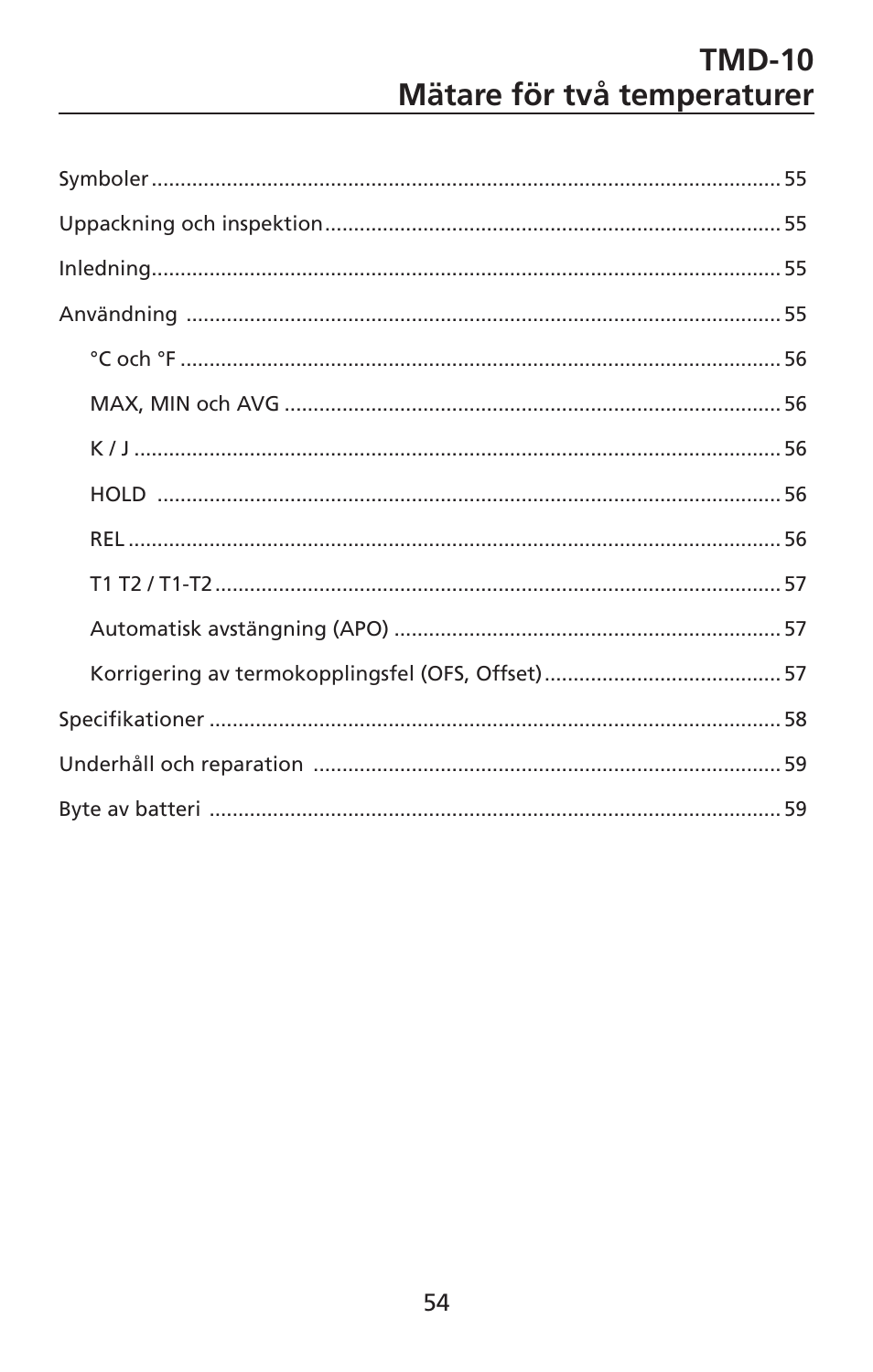 Tmd-10 mätare för två temperaturer | Amprobe TMD-10 Dual-Temperature-Meter User Manual | Page 55 / 62