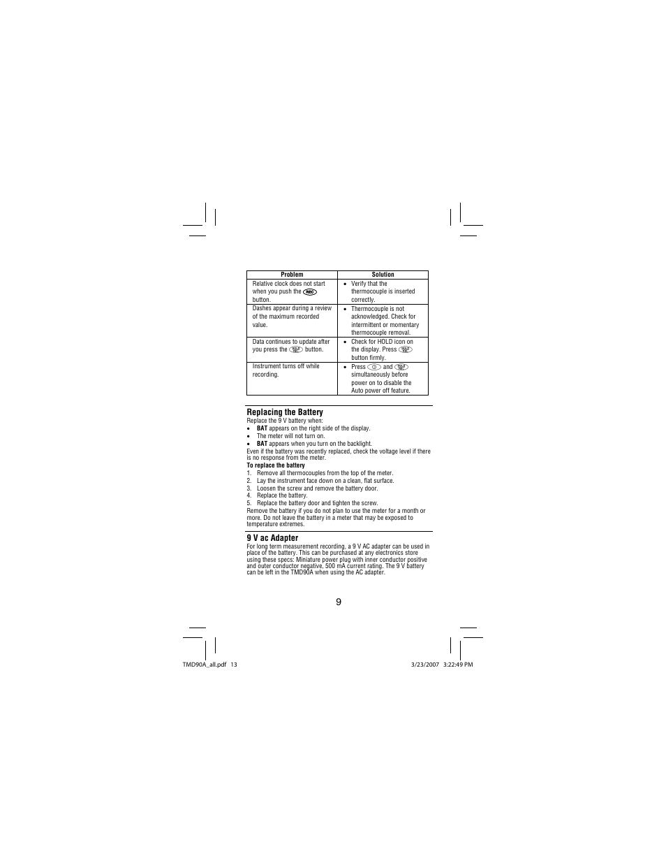 Replacing the battery, 9 v ac adapter | Amprobe TMD90A Dual-Input-Digital-Thermometer User Manual | Page 14 / 81