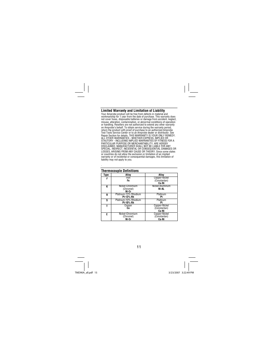 Limited warranty and limitation of liability, Thermocouple definitions | Amprobe TMD90A Dual-Input-Digital-Thermometer User Manual | Page 16 / 81