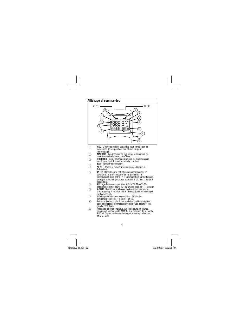 Affichage et commandes | Amprobe TMD90A Dual-Input-Digital-Thermometer User Manual | Page 23 / 81