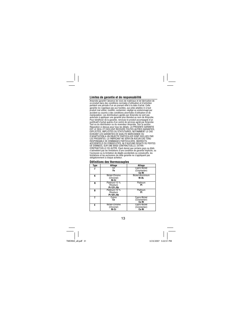 Limites de garantie et de responsabilité, Définitions des thermocouples | Amprobe TMD90A Dual-Input-Digital-Thermometer User Manual | Page 32 / 81