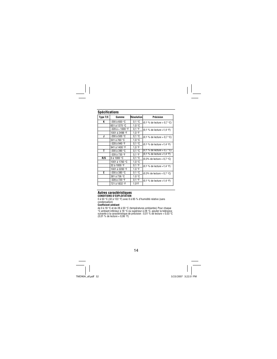 Spécifications, Autres caractéristiques | Amprobe TMD90A Dual-Input-Digital-Thermometer User Manual | Page 33 / 81