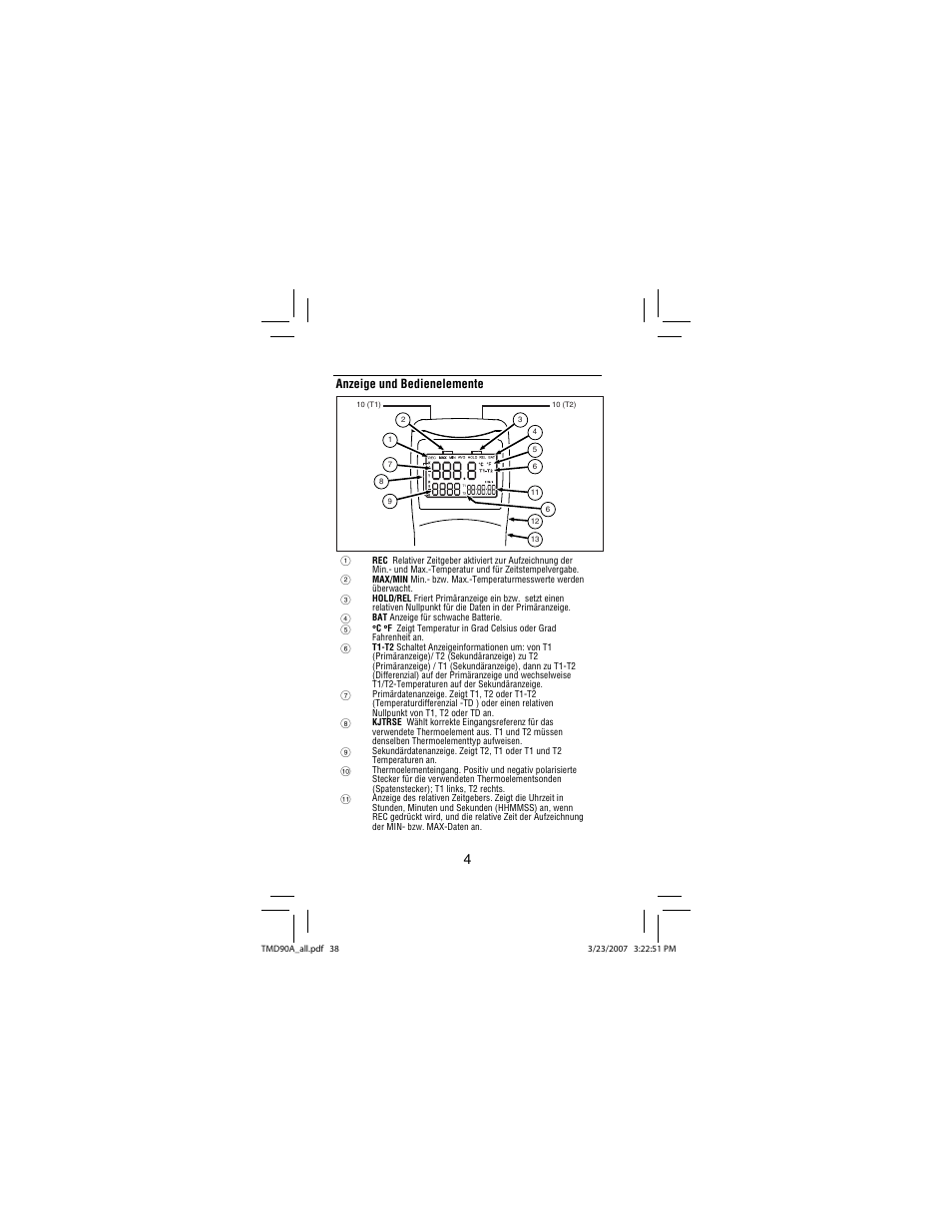 Anzeige und bedienelemente | Amprobe TMD90A Dual-Input-Digital-Thermometer User Manual | Page 39 / 81