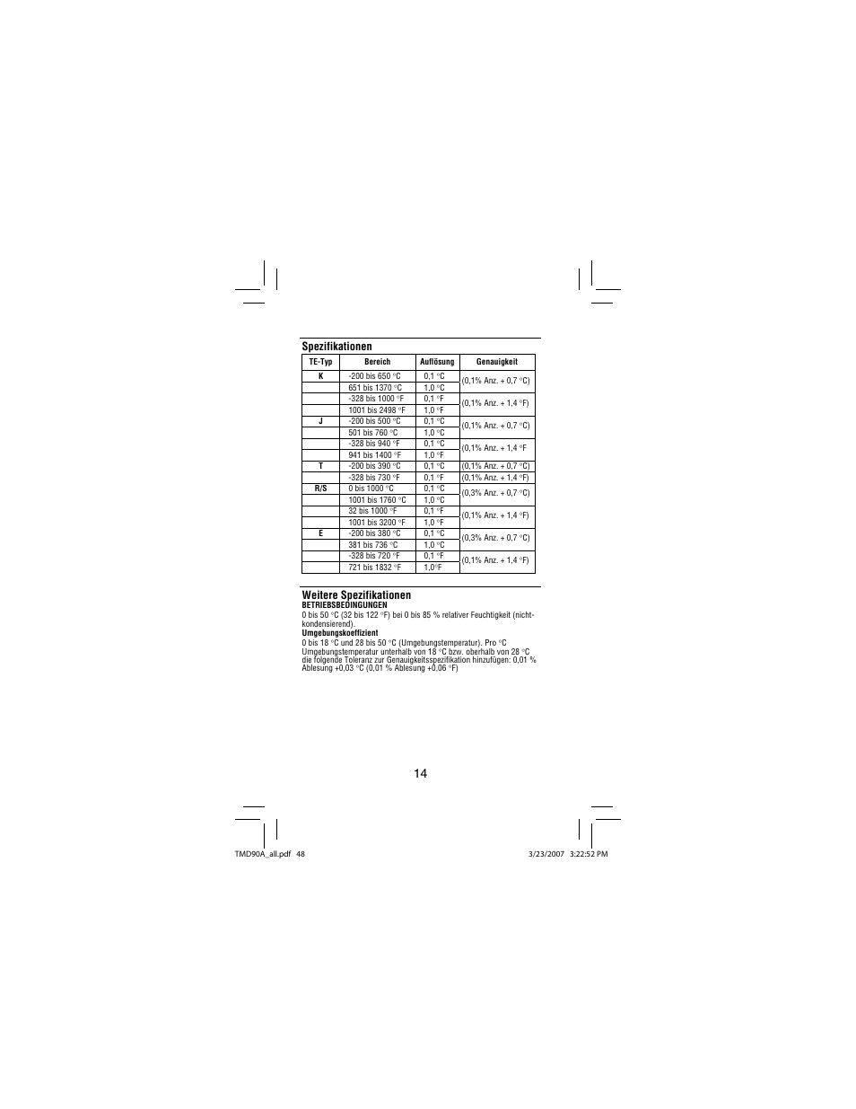 Spezifikationen, Weitere spezifikationen | Amprobe TMD90A Dual-Input-Digital-Thermometer User Manual | Page 49 / 81